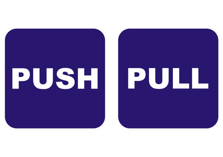 Push Pull Door signs set, vector icon, white text on blue background