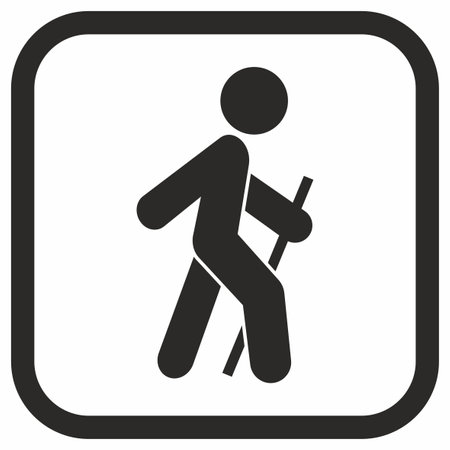 Tourist, walking person, black vector symbol, silhouette of man with sticker, web icon, hiking sticksのイラスト素材