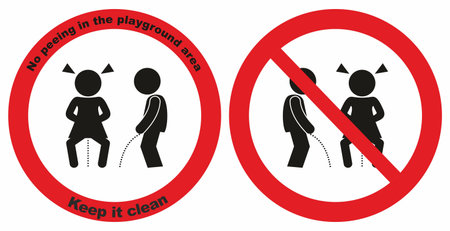 No peeing in the playground area, keep it clean, set two icon, red circle sings, vector symbol