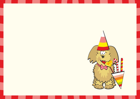 diploma, dog celebration, winner, blank banner for your text, red striped frame, vector illustrationのイラスト素材