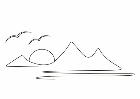 Landscape, one stroke drawing, mountain, lake, sun and birds, vector illustration, line artのイラスト素材