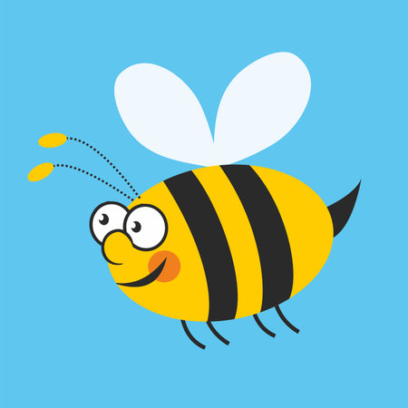 One flying bee on blue background, vector cute illustration, simple color image.のイラスト素材