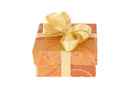 Gift box with ribbon isolated on white backgroundの写真素材