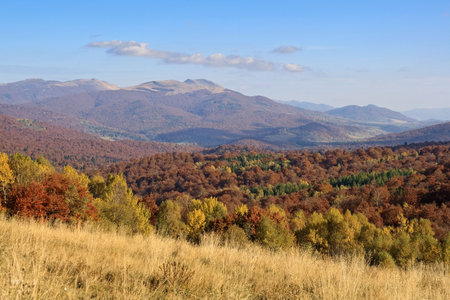 Mountain view with blue sky and clouds (Bieszczady - Poland)の写真素材