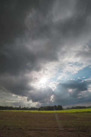 Field and dark clouds の写真素材