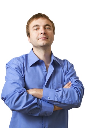 Man in blue shirt isolated on white の写真素材