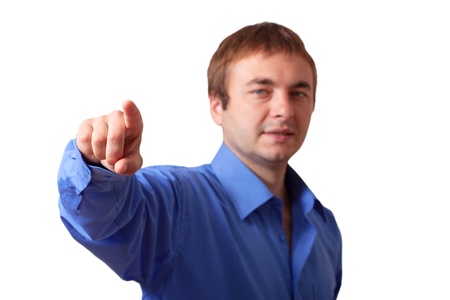 Man in blue shirt pointing の写真素材
