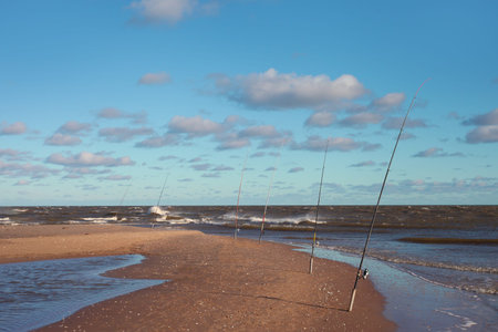 Fishing rods at Baltic sea の写真素材