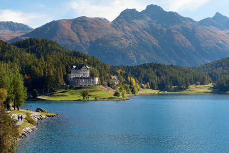 Coast of St. Moritz lake, Switzerland, Europe.