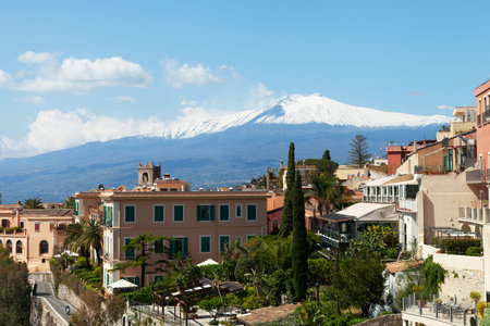 View to Etna volcano from Taormina city, Sicily, Italy.の写真素材