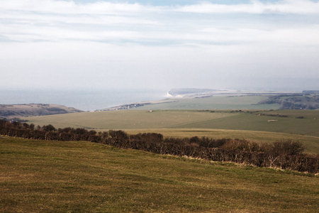 Meadows and fields in Seven Sisters national park, East Sussex, Englans, United Kingdom.の写真素材