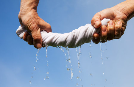 Hands squeeze wet fabric against blue sky.の写真素材