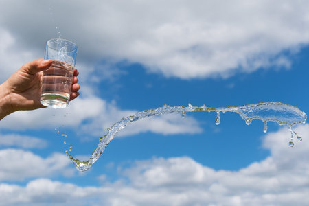 Splashing glass of  water against summer sky.