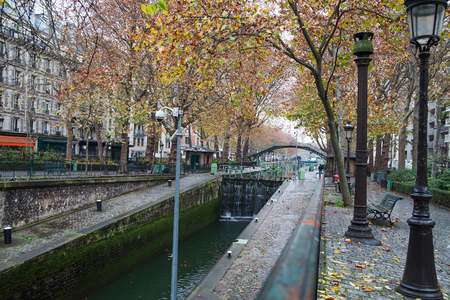 Autumn by Saint Martin canal in Paris, France.の写真素材