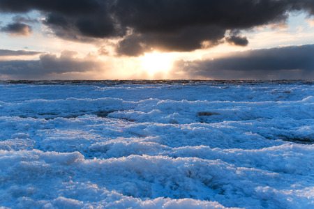 Icy Baltic sea coast in winter, Liepaja, Latvia.の写真素材