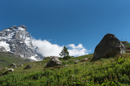 Alpine landscape with mount Matterhorn, Breuil-Cervinia, Italy.の写真素材