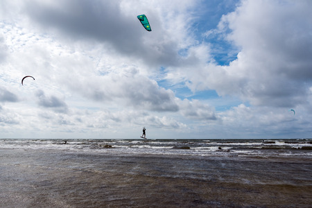 Kite boarding in Baltic sea next to Liepaja.の写真素材