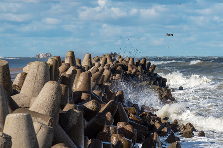 Breakwater in stormy day, Liepaja port north mole, Latvia.の写真素材