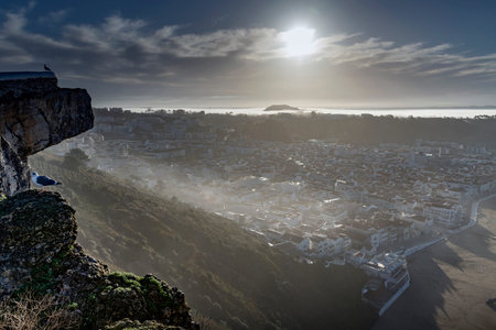 Morning time at Atlantic ocean in Nazare city, Portugal.