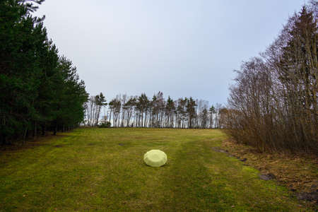 Alone umbrella in countryside landscape.の写真素材