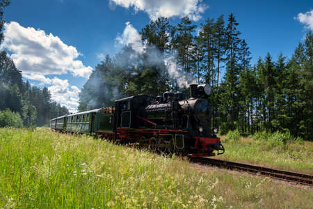 Narrow gauge train with a steam locomotive on the line Gulbene - Aluksne, Latvia.の写真素材