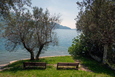 Iseo lake coast in spring time, Italy.の写真素材