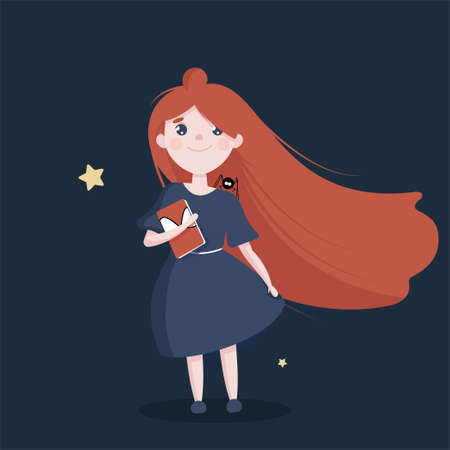 Cute girl dreaming and thinking about world. Girl want to save planet. Flat vector illustrationのイラスト素材