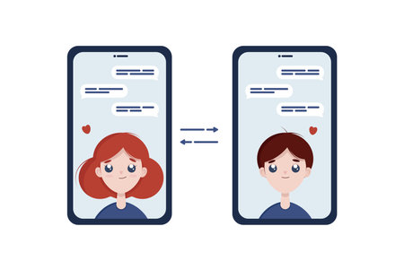 Virtual love, online dating flat illustration. Couple, love, dating, virtual love, friendship flat vector illustrationのイラスト素材