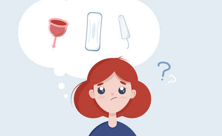 Choice menstrual cycle, tampon, female pad, menstrual cup. Girl choosing between tampon and menstrual cup. Vector illustration for blog, site flat cartoon styleのイラスト素材