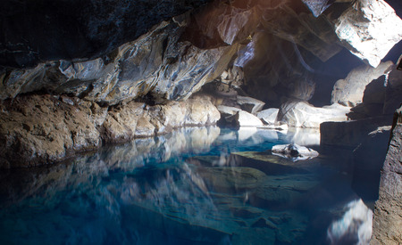 Azure water in hot thermal cave, Icelandの写真素材