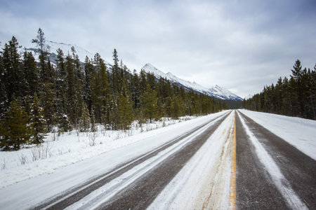 Long empty winter road leading to mountains, Banff National Park, Canada