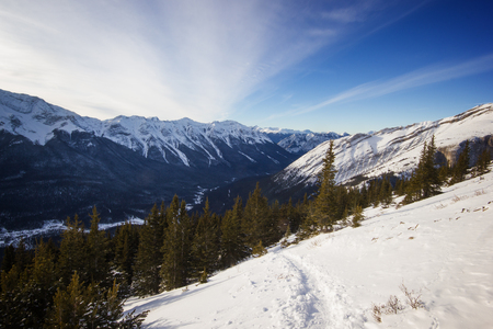 Winter high mountain ridge view from trail hiking to summit of Ha Ling peak, Banff National Park, Canadaの写真素材