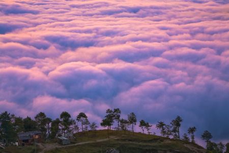 View on the Nagarkot Village 2100 m with the sea of clouds behind the hill.の写真素材