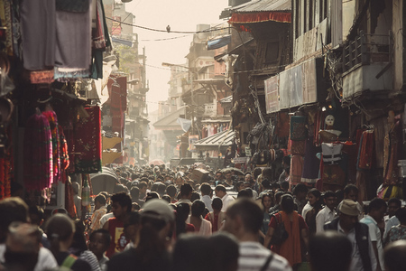 Asian street life. One of the crowded streets in Kathmandu, Nepal.のeditorial素材