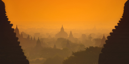 The ancient pagodas of the Old Bagan (Myanmar) at the sunrise.の写真素材