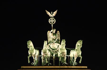 Berlin: Brandenburger Tor at Night - the statue of the four horsesの写真素材