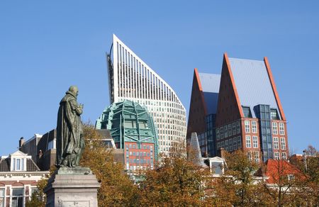 The Hague skyline including statue of William of Orange, founder of the Netherlandsの写真素材