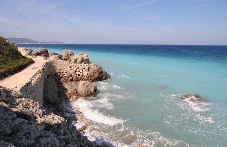Footpath going along the rocky coast of Rhodes, Greeceの写真素材