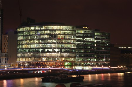 London office towers on the Thames in the eveningの写真素材