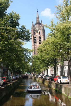 The old leaning church tower of Delft, Hollandの写真素材