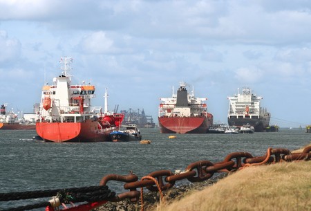 Ships in Rotterdam harbor along the Nieuwe Waterwegの写真素材