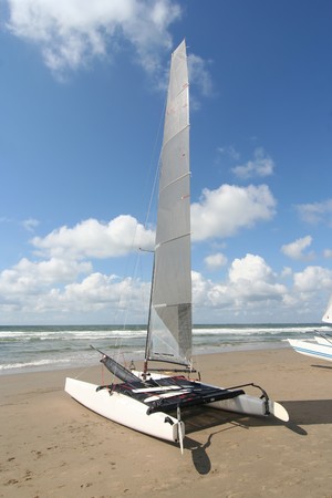 Catamaran on the beach on the Dutch coastの写真素材