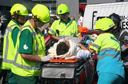 ROTTERDAM, HOLLAND - SEPTEMBER 5, 2010: Demonstration of handling of car crash victim by medics at the annual World Harbor Days in Rotterdam, Holland on September 5のeditorial素材
