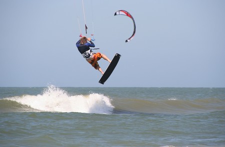 Kite surfer jumping at Scheveningen beach on July 7, 2007のeditorial素材