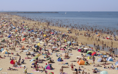 Summer crowds on the beach on August 18, 2012 at Scheveningen, Hollandのeditorial素材