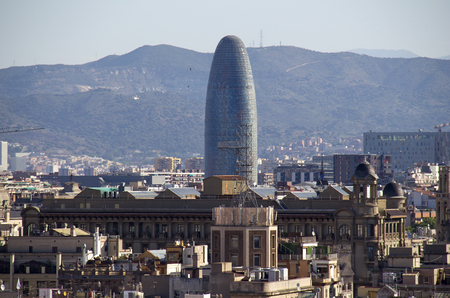 View from the memorial column for Columbus of the Torre Agbar office building in the city of Barcelona, Spainのeditorial素材