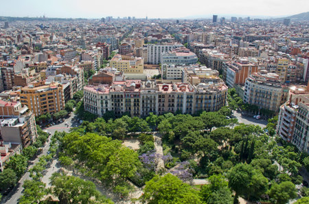 View of streets and buildings of Barcelona from the Sagrada Familia cathedral in Spain