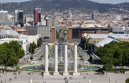 Barcelona, Spain - May 24, 2015: Tourists on the steps down to the magic fountain and Placa d'Espanya in Barcelona, Spain on May 24, 2015.のeditorial素材