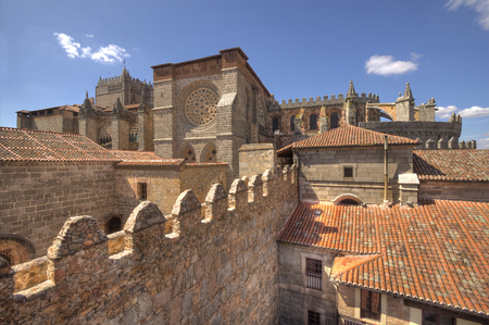 Ancient city walls and cathedral in the old city of Avila, Spainの写真素材