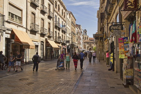 Salamanca, Spain - June 2, 2016: People walk in Calle Rua Mayor, the main shopping street in the old center of Salamanca, Spain on June 2, 2016のeditorial素材